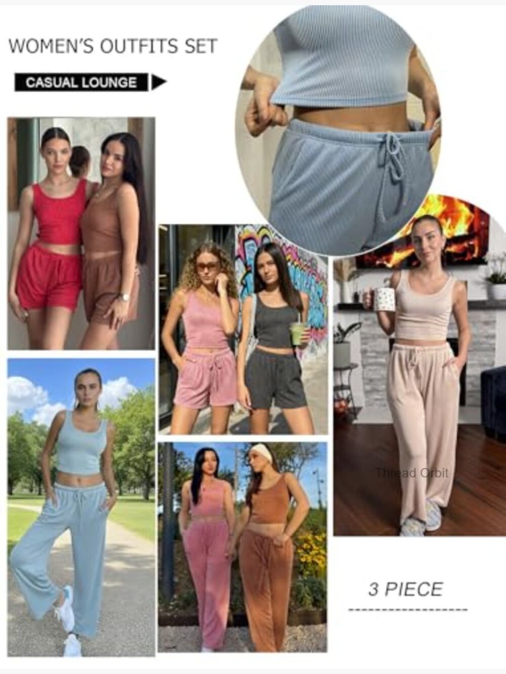 3 Piece Lounge Set Crop Top Shorts & Pants Set - Picture 6 of 7